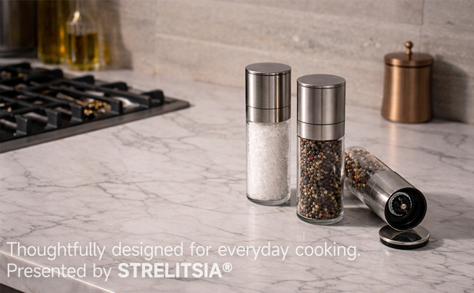 Professional Salt or Pepper Grinder– Stainless Steel Refillable Pepper Mill with Adjustable Coarseness, Ceramic Rotor, Reliable & Portable Design (1 Pack)