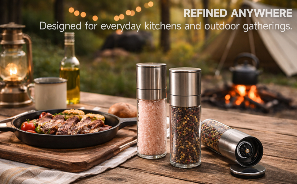 Professional Salt or Pepper Grinder– Stainless Steel Refillable Pepper Mill with Adjustable Coarseness, Ceramic Rotor, Reliable & Portable Design (1 Pack)