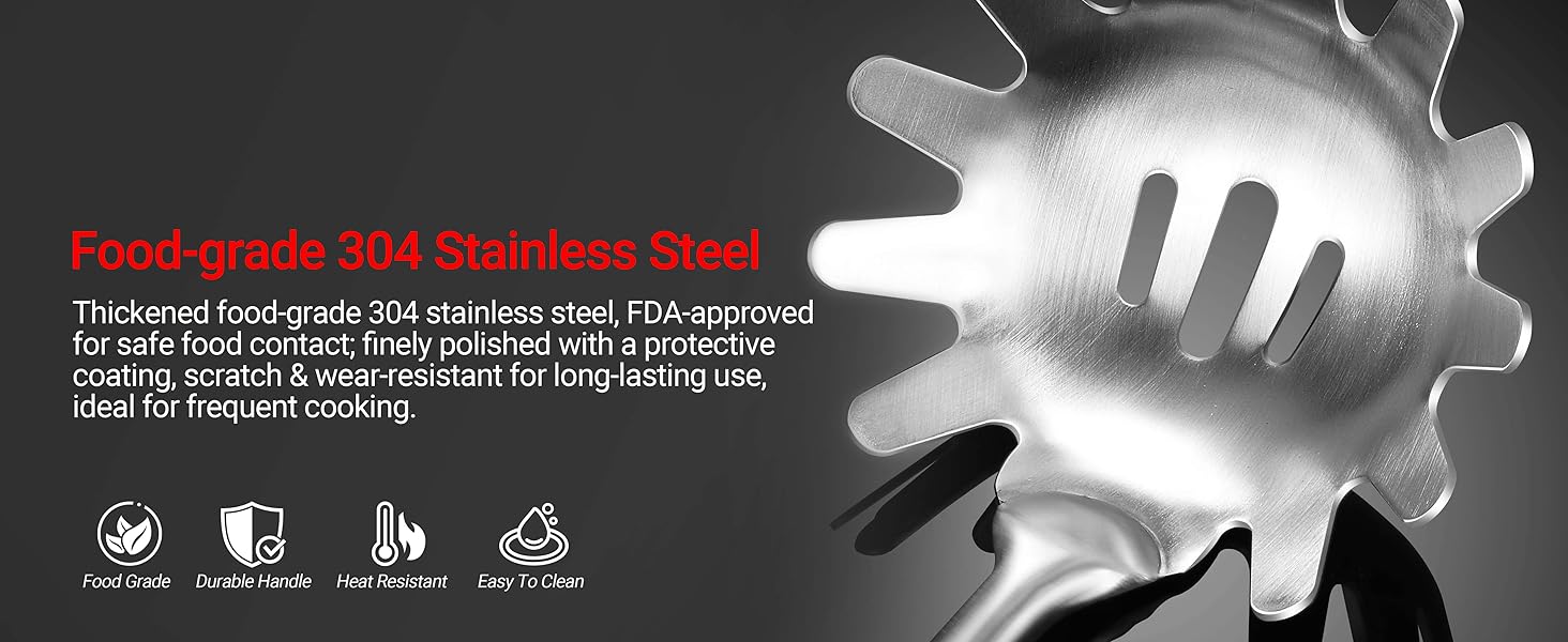 304 Stainless Steel Cooking Utensils Set - 18 PCS Long Metal Serving Utensils, Kitchen Tools - Whisk, Masher, Fork, Tongs, Solid/Slotted Spoon, Spatula, Turner, Ladle, Skimmer, Pasta, Large Spoon Set