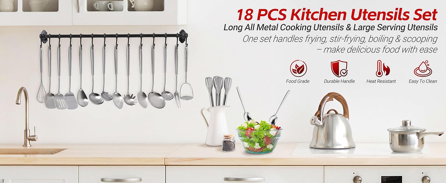 304 Stainless Steel Cooking Utensils Set - 18 PCS Long Metal Serving Utensils, Kitchen Tools - Whisk, Masher, Fork, Tongs, Solid/Slotted Spoon, Spatula, Turner, Ladle, Skimmer, Pasta, Large Spoon Set