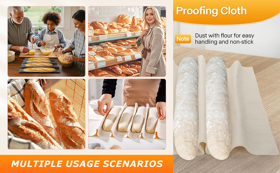 4-Slot French Baguett-e Pan Set, Non-Stick French Bread Baking Pan with Proofing Cloth and Stainless Steel Dough Cutter, Making Molds Home Baking Tools Kit for Homemade Bread (SIZE:15x13 Inch)