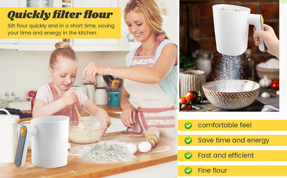 Electric Flour Sifter, Handheld Battery Operated Stainless Steel Mesh Shaker, Fine Mesh Cup Shape Powder Shaker Strainer Kitchen Cooking Baking Pastry Tools 4 Cup/1L Capacity