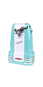Nostalgia Retro Electric Can Opener for Kitchen with Magnetic Lid Remover, Knife Sharpener, and Soda or Beer Bottle Opener, Aqua