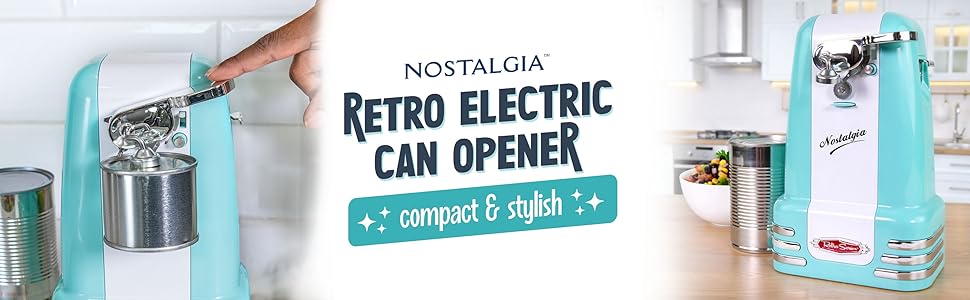 Nostalgia Retro Electric Can Opener for Kitchen with Magnetic Lid Remover, Knife Sharpener, and Soda or Beer Bottle Opener, Aqua