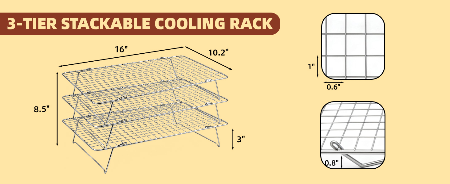 Cooling Rack, 3 Tier Stackable Cooling Racks for Cooking Baking Roasting, Multi-Level Collapsible Cookie Rack for Cakes, Oven Safe & Easy Clean (Silver, 3-Tier)
