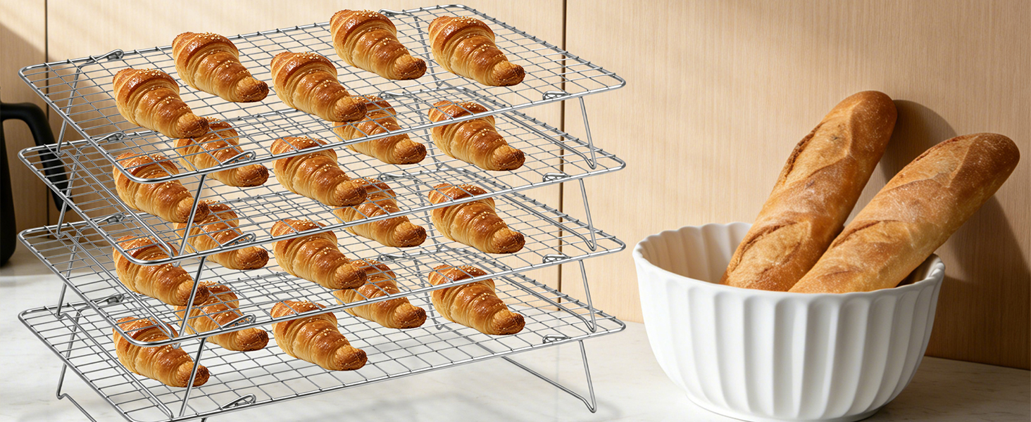 Cooling Rack, 3 Tier Stackable Cooling Racks for Cooking Baking Roasting, Multi-Level Collapsible Cookie Rack for Cakes, Oven Safe & Easy Clean (Silver, 3-Tier)