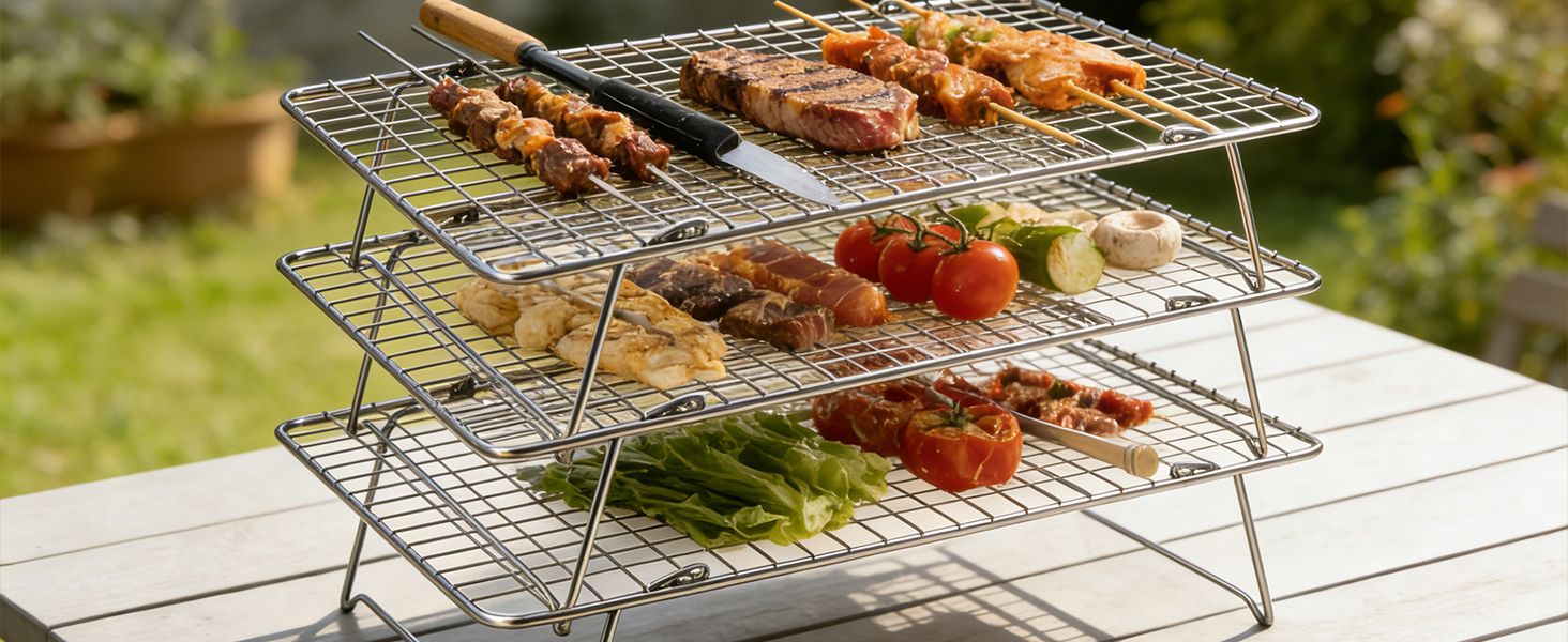 Cooling Rack, 3 Tier Stackable Cooling Racks for Cooking Baking Roasting, Multi-Level Collapsible Cookie Rack for Cakes, Oven Safe & Easy Clean (Silver, 3-Tier)