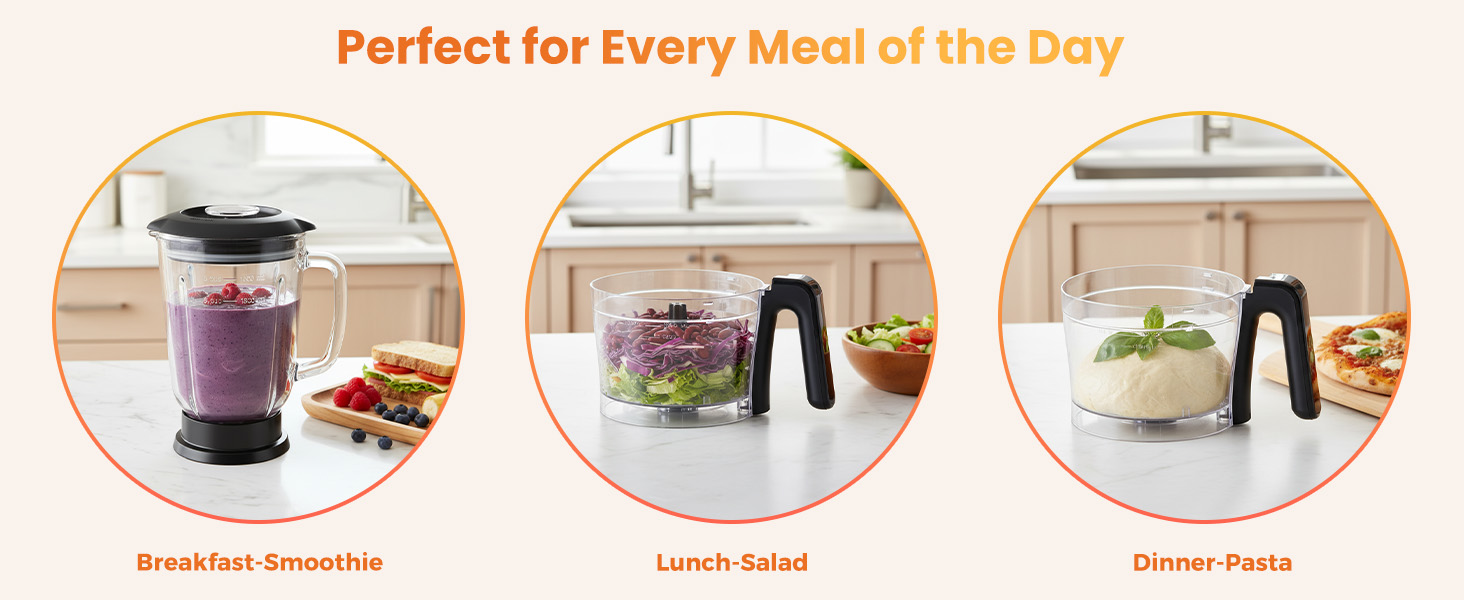 Sweetcrispy Food Processor Blender Combo for Vegetable, Dough, Electric Food Processors Slicing, 6 Cup Chopper for Meat, Puree, 2 Speeds, Sharp Blades, Safety Lock with 1.5L Glass Jar