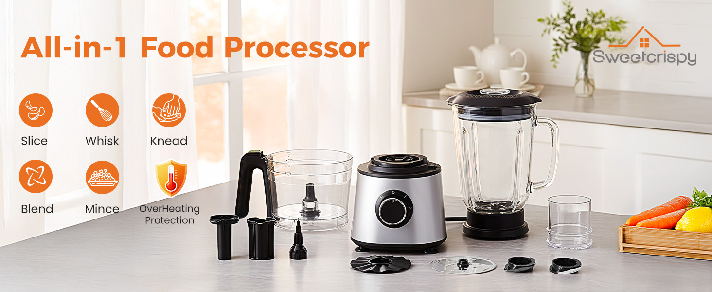 Sweetcrispy Food Processor Blender Combo for Vegetable, Dough, Electric Food Processors Slicing, 6 Cup Chopper for Meat, Puree, 2 Speeds, Sharp Blades, Safety Lock with 1.5L Glass Jar