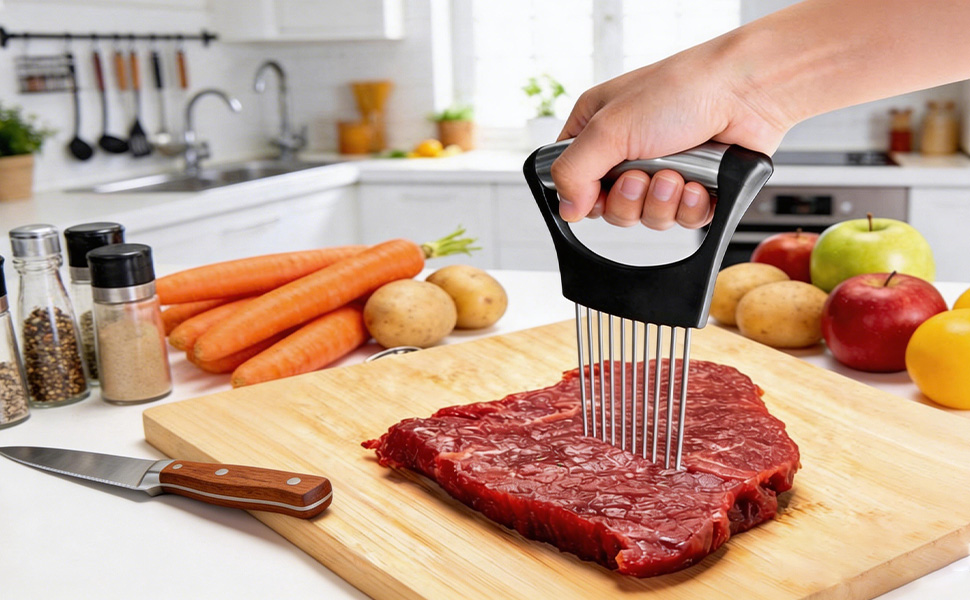 2 PCS Onion Holder for Slicing, Stainless Steel Vegetable Fruit Cutter Chopper, Multi-use Kitchen Slicer Assistant Tool for Onion Tomato Avocado Potato Egg Lemon Meat, Blue & Black