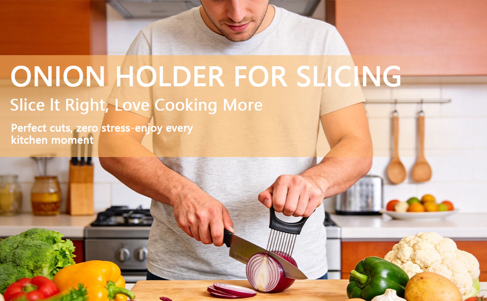 2 PCS Onion Holder for Slicing, Stainless Steel Vegetable Fruit Cutter Chopper, Multi-use Kitchen Slicer Assistant Tool for Onion Tomato Avocado Potato Egg Lemon Meat, Blue & Black