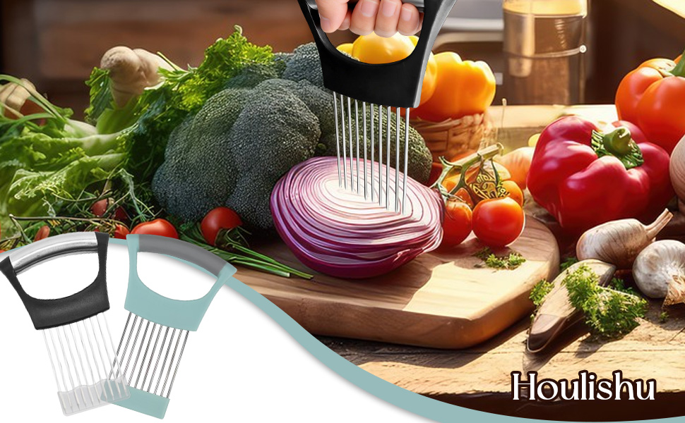 2 PCS Onion Holder for Slicing, Stainless Steel Vegetable Fruit Cutter Chopper, Multi-use Kitchen Slicer Assistant Tool for Onion Tomato Avocado Potato Egg Lemon Meat, Blue & Black