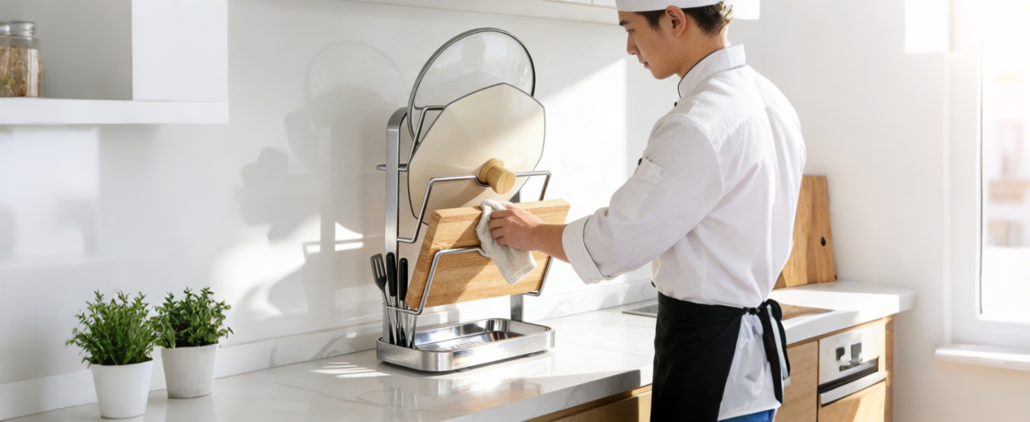 304 Stainless Steel Pot Lid Holder, Kitchen Pot Lid Storage Rack/Pot Lid Organizer, Spoon and Lid Rest for Stove Top/Countertop, Multi-Functional Utensil Rest (2 levels)