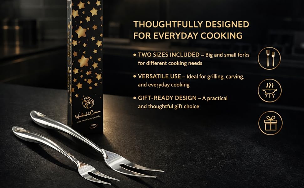 Stainless Steel Carving Fork Set (2 Sizes) – Ergonomic Curved Handle, Heavy Duty Meat Forks for BBQ, Roasting, Turkey, Steak & Serving – Dishwasher Safe