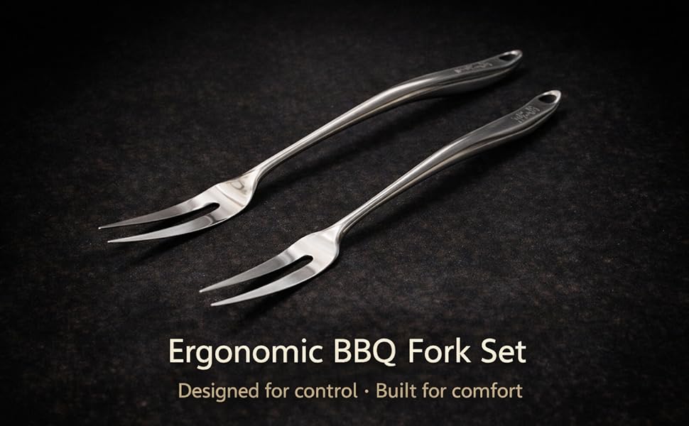 Stainless Steel Carving Fork Set (2 Sizes) – Ergonomic Curved Handle, Heavy Duty Meat Forks for BBQ, Roasting, Turkey, Steak & Serving – Dishwasher Safe