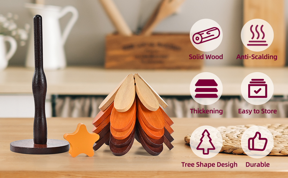 Wooden Trivets for Hot Dishes, Tree Shaped Trivet Set of 5 with 1 Stand, Foldable Kitchen Wooden Trivets for Pots, Bowls, Teapots, Pans, Cups, Home Room Kitchen Decor, Housewarming Gifts