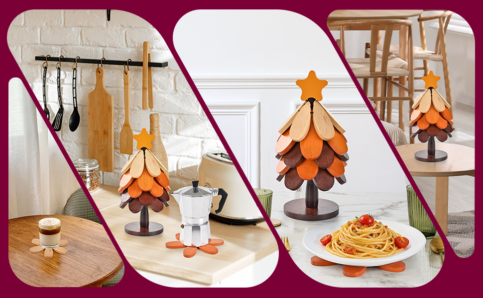 Wooden Trivets for Hot Dishes, Tree Shaped Trivet Set of 5 with 1 Stand, Foldable Kitchen Wooden Trivets for Pots, Bowls, Teapots, Pans, Cups, Home Room Kitchen Decor, Housewarming Gifts