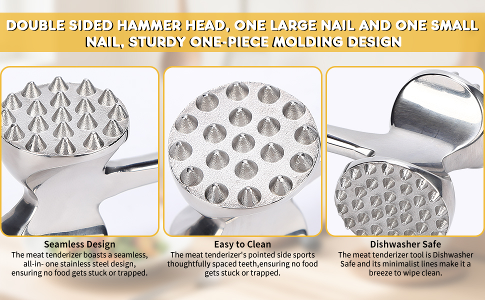 304 Stainless Steel Meat Tenderizer Mallet Dual Side Meat Hammer Chicken Pounder Heavy Duty Meat Beater for Steak and Beef Meat Pounder Kitchen Cooking Mallet Dishwasher Safe