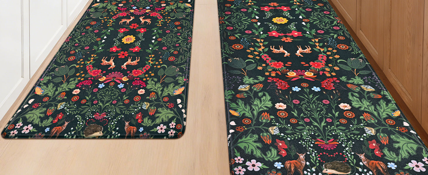 Yinhua Green Kitchen Rugs Sets of 2 Floral Kitchen Mats Cushioned Anti Fatigue Botanical Kitchen Mat for Floor Waterproof Non Slip Vintage Spring Kitchen Floor Mats 17.3'' x 29.5'' + 17.3'' x 47.2''