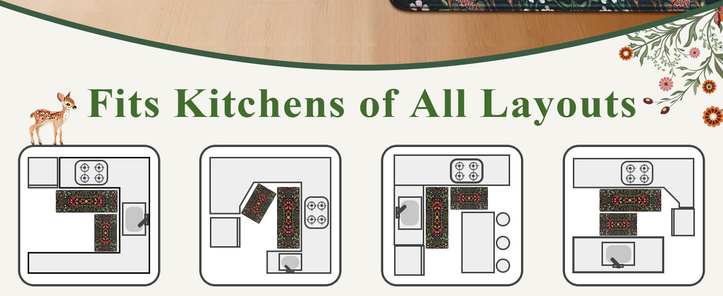 Yinhua Green Kitchen Rugs Sets of 2 Floral Kitchen Mats Cushioned Anti Fatigue Botanical Kitchen Mat for Floor Waterproof Non Slip Vintage Spring Kitchen Floor Mats 17.3'' x 29.5'' + 17.3'' x 47.2''