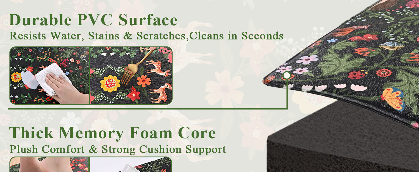 Yinhua Green Kitchen Rugs Sets of 2 Floral Kitchen Mats Cushioned Anti Fatigue Botanical Kitchen Mat for Floor Waterproof Non Slip Vintage Spring Kitchen Floor Mats 17.3'' x 29.5'' + 17.3'' x 47.2''