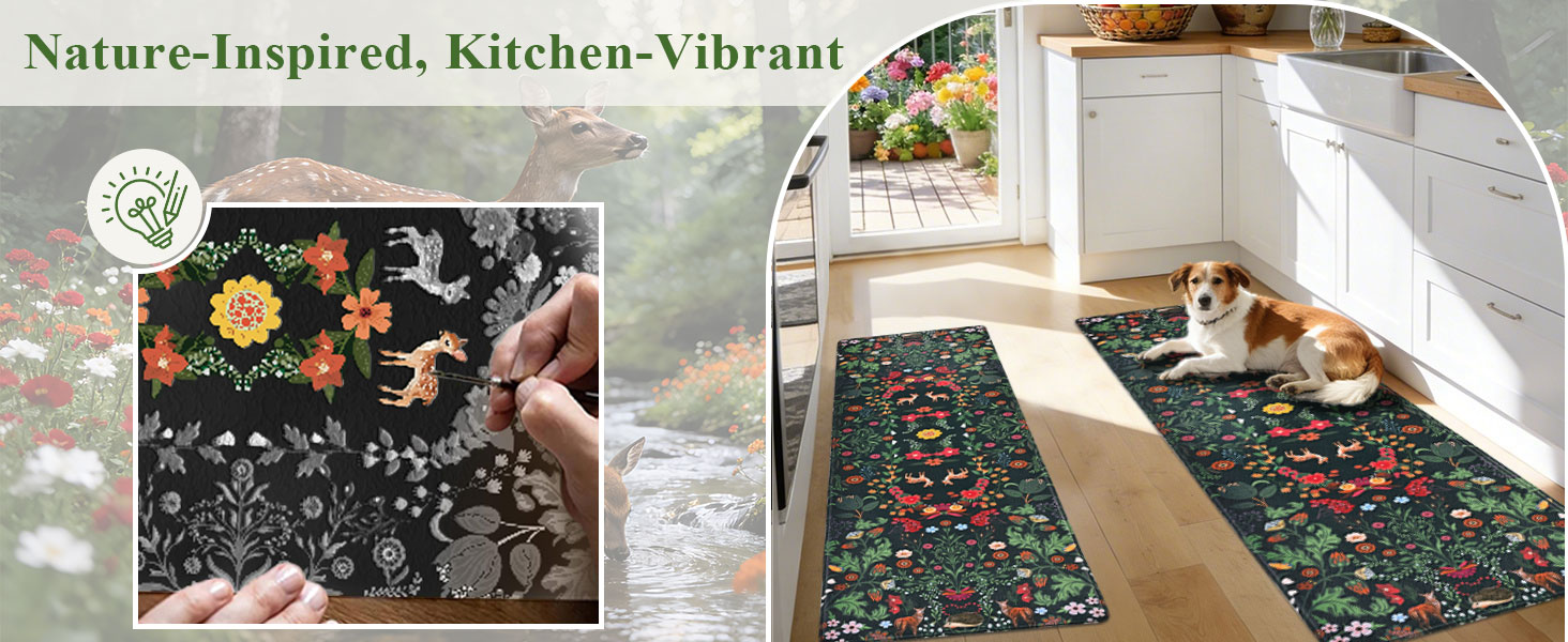 Yinhua Green Kitchen Rugs Sets of 2 Floral Kitchen Mats Cushioned Anti Fatigue Botanical Kitchen Mat for Floor Waterproof Non Slip Vintage Spring Kitchen Floor Mats 17.3'' x 29.5'' + 17.3'' x 47.2''