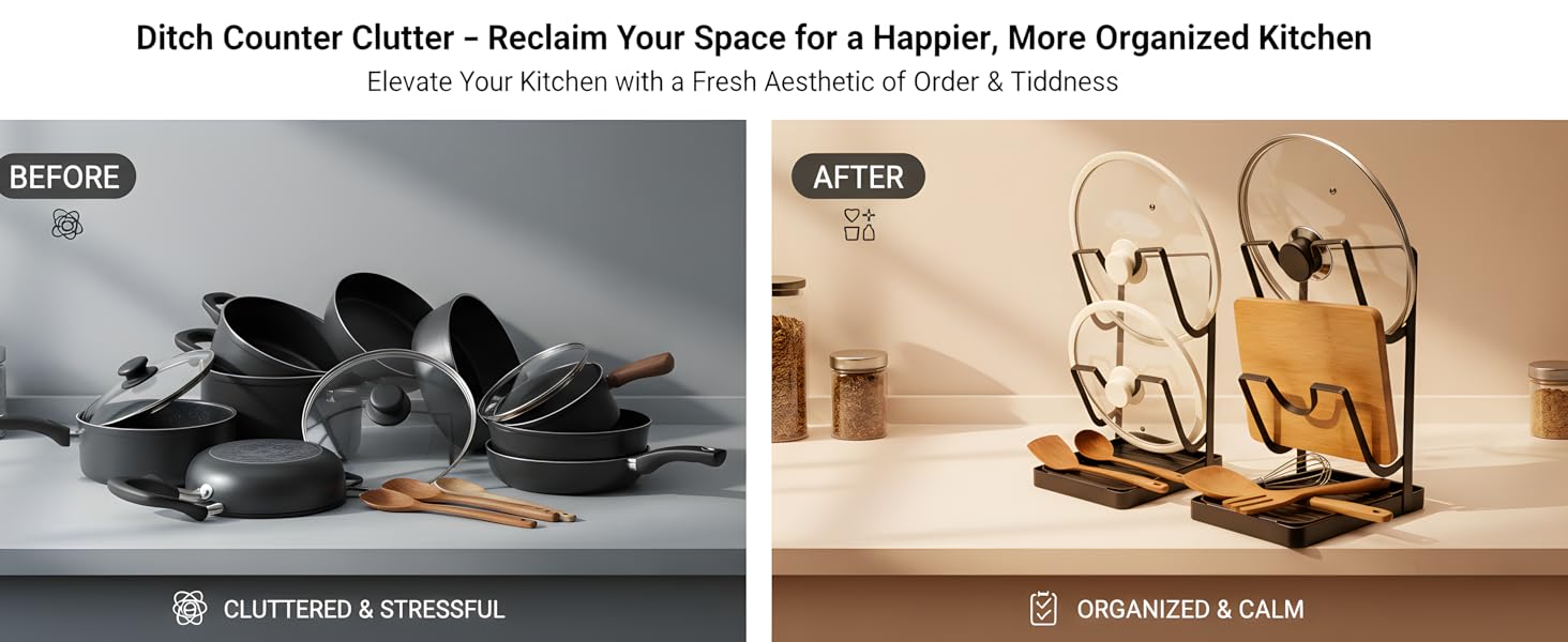 Stainless Steel Kitchen Pot Lid Storage Rack, Pot Lid Holder While Cooking, Multifunctional Pot Lid Organizer with Removable Drip Tray & Spoon Rest, Waterproof & Rustproof (Grey, 2Pack)