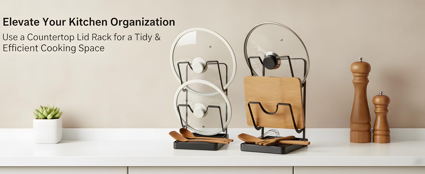 Stainless Steel Kitchen Pot Lid Storage Rack, Pot Lid Holder While Cooking, Multifunctional Pot Lid Organizer with Removable Drip Tray & Spoon Rest, Waterproof & Rustproof (Grey, 2Pack)