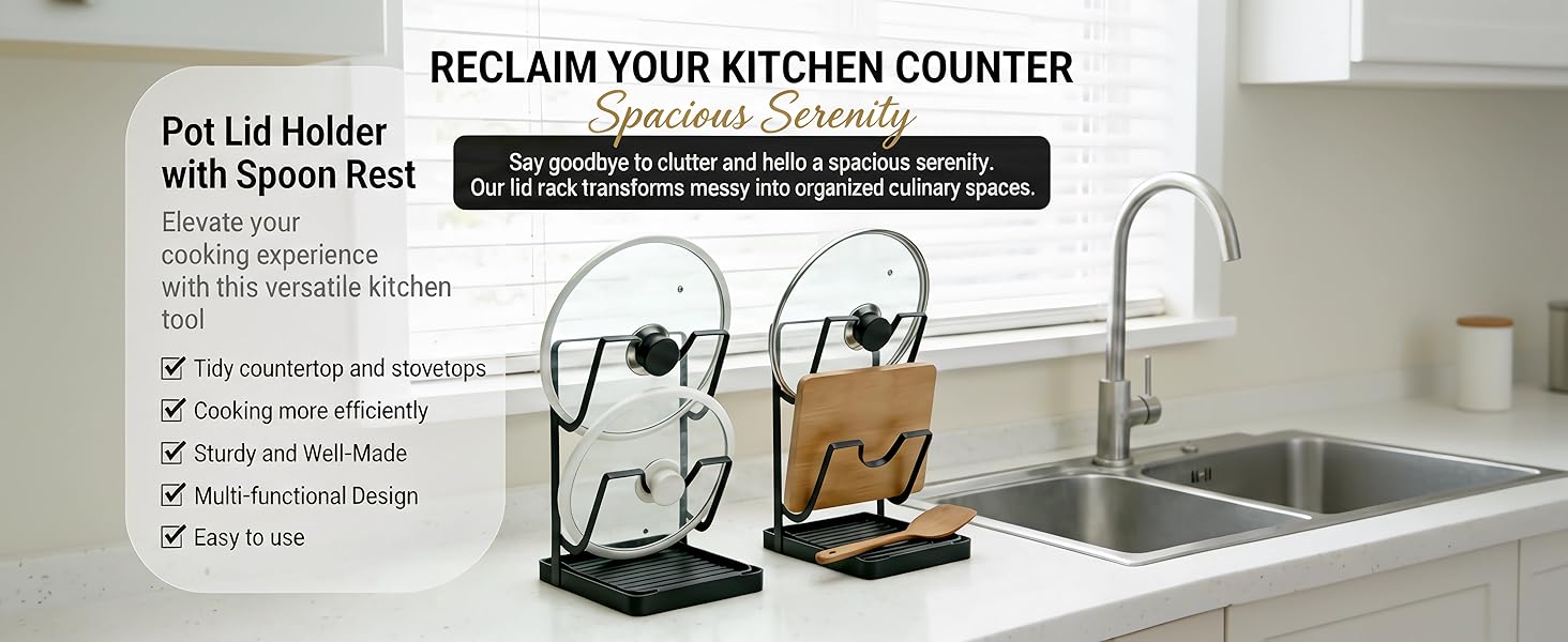 Stainless Steel Kitchen Pot Lid Storage Rack, Pot Lid Holder While Cooking, Multifunctional Pot Lid Organizer with Removable Drip Tray & Spoon Rest, Waterproof & Rustproof (Grey, 2Pack)