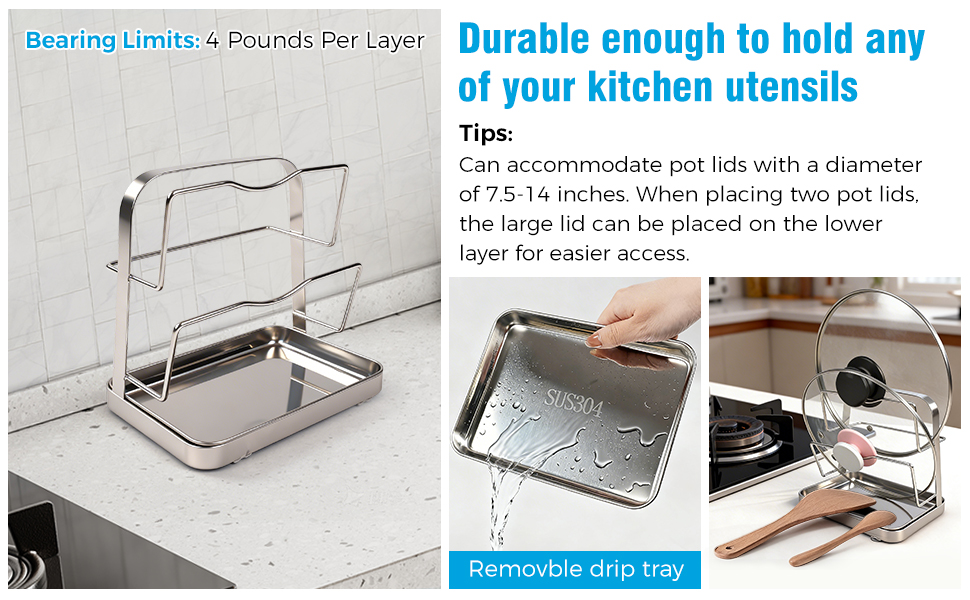 304 Stainless Steel Pot Lid Organizer & Spoon Rest, Pot Lid Holder Storage Rack for Kitchen Countertop, Multifunctional Stove Top Pot Cover Stand While Cooking