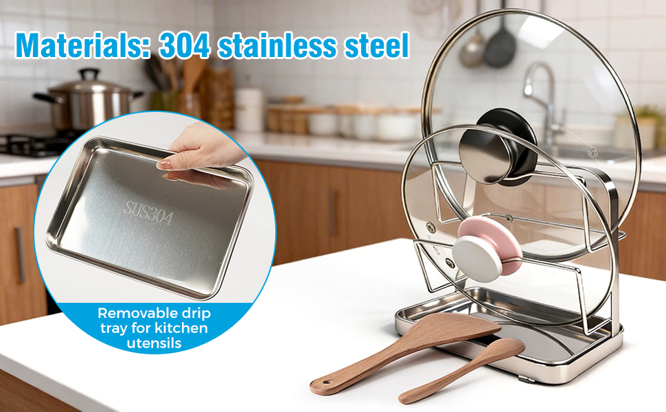304 Stainless Steel Pot Lid Organizer & Spoon Rest, Pot Lid Holder Storage Rack for Kitchen Countertop, Multifunctional Stove Top Pot Cover Stand While Cooking
