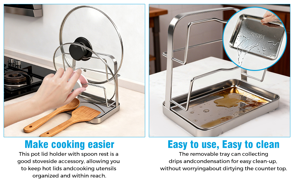 304 Stainless Steel Pot Lid Organizer & Spoon Rest, Pot Lid Holder Storage Rack for Kitchen Countertop, Multifunctional Stove Top Pot Cover Stand While Cooking