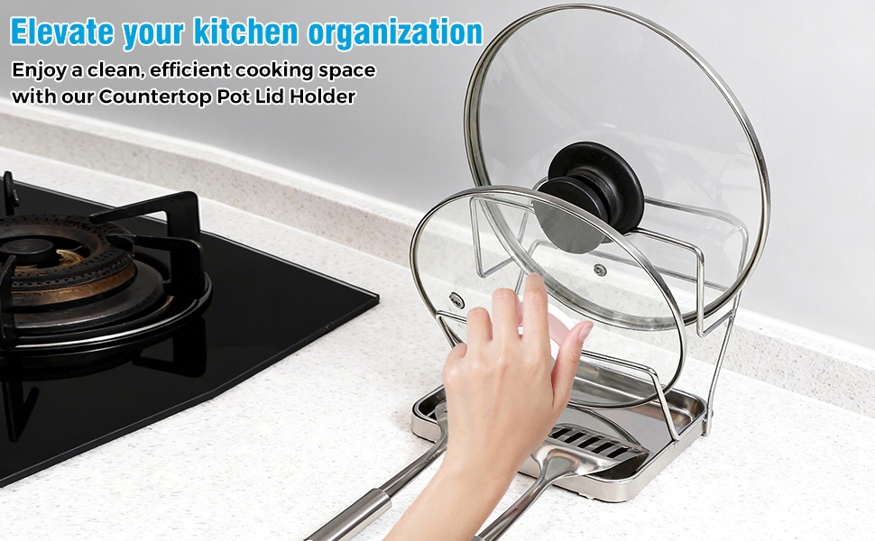 304 Stainless Steel Pot Lid Organizer & Spoon Rest, Pot Lid Holder Storage Rack for Kitchen Countertop, Multifunctional Stove Top Pot Cover Stand While Cooking