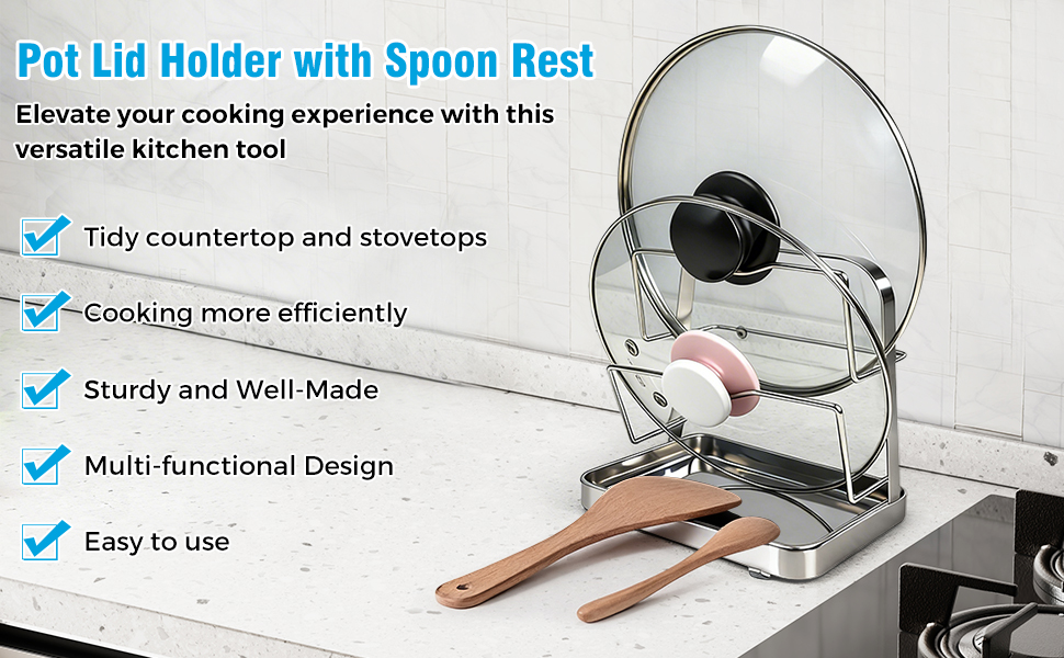 304 Stainless Steel Pot Lid Organizer & Spoon Rest, Pot Lid Holder Storage Rack for Kitchen Countertop, Multifunctional Stove Top Pot Cover Stand While Cooking