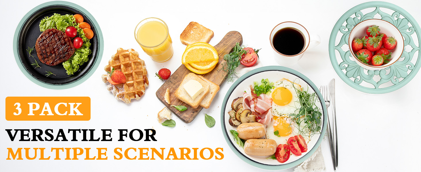 Silicone Trivet Mat Set of 3 Heat Resistant Pot Holders for Non-Slip Hot Pans Thick Creative Shapes for Dining Table Kitchen Countertops Tablecloth Protection (Turquoise)