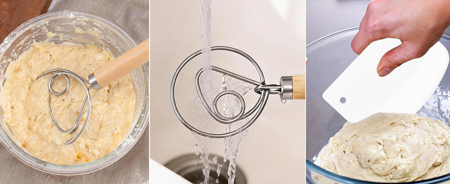 2 Pack 13-Inch Danish Dough Whisk with Dough Scraper, Premium Stainless Steel Bread Whisk Mixer with Ergonomic Wooden Grip, Ideal for Sourdough, Pizza Dough & Pastry Making