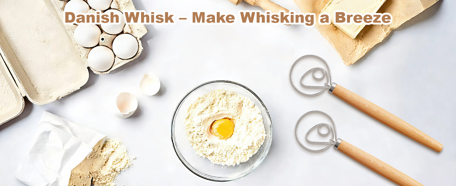 2 Pack 13-Inch Danish Dough Whisk with Dough Scraper, Premium Stainless Steel Bread Whisk Mixer with Ergonomic Wooden Grip, Ideal for Sourdough, Pizza Dough & Pastry Making
