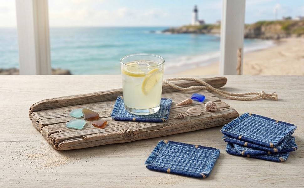 Boho Fabric Coasters for Home Decor Set of 6, Handcrafted Cotton Drink Coasters, Coastal Farmhouse Table Decor for Coffee, Tea & Cocktails, Housewarming Gift