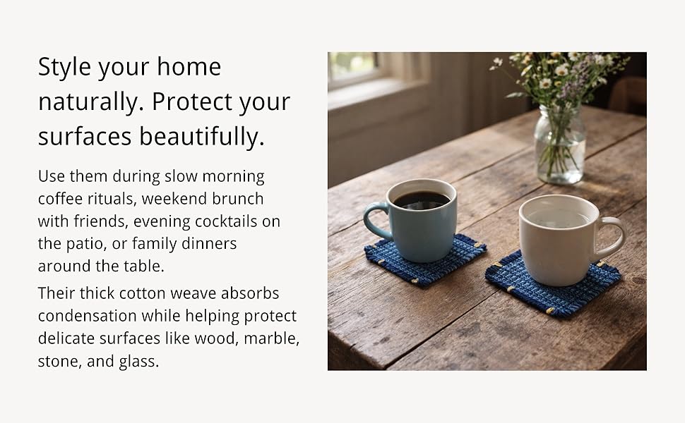 Boho Fabric Coasters for Home Decor Set of 6, Handcrafted Cotton Drink Coasters, Coastal Farmhouse Table Decor for Coffee, Tea & Cocktails, Housewarming Gift