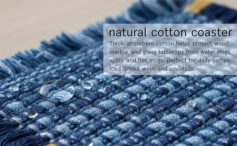 Boho Fabric Coasters for Home Decor Set of 6, Handcrafted Cotton Drink Coasters, Coastal Farmhouse Table Decor for Coffee, Tea & Cocktails, Housewarming Gift