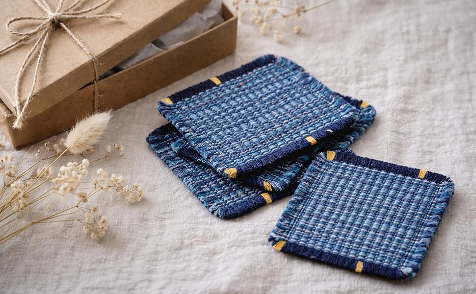 Boho Fabric Coasters for Home Decor Set of 6, Handcrafted Cotton Drink Coasters, Coastal Farmhouse Table Decor for Coffee, Tea & Cocktails, Housewarming Gift