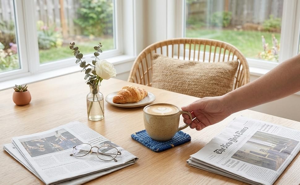 Boho Fabric Coasters for Home Decor Set of 6, Handcrafted Cotton Drink Coasters, Coastal Farmhouse Table Decor for Coffee, Tea & Cocktails, Housewarming Gift