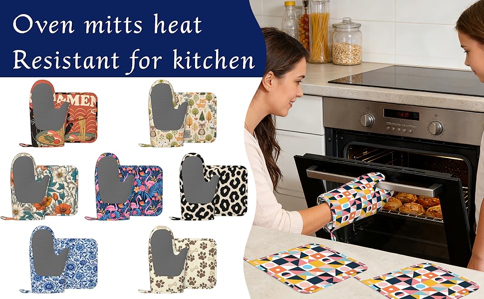 Cute Animals Oven Mitts and Pot Holders Fall Trees Leaves Silicone Kitchen Accessories Set of 4 Heat Resistant Non-Slip Long Gloves Potholder for Chef Cooking Baking Gifts Women Men