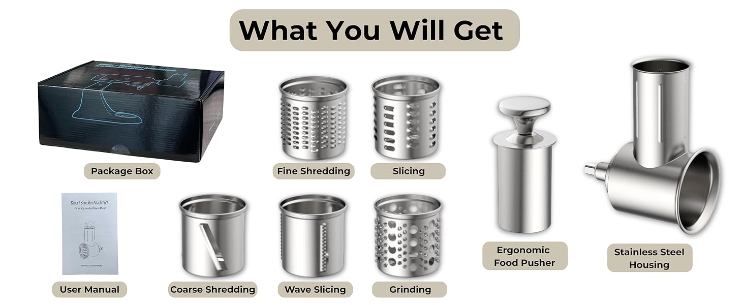 5-in-1 Stainless Steel Slicer Shredder Attachment Compatible with KitchenAid Stand Mixers, Cheese Grater Attachment, Vegetable Shredder, Salad Maker with 5 Cutting Blades, Dishwasher Safe