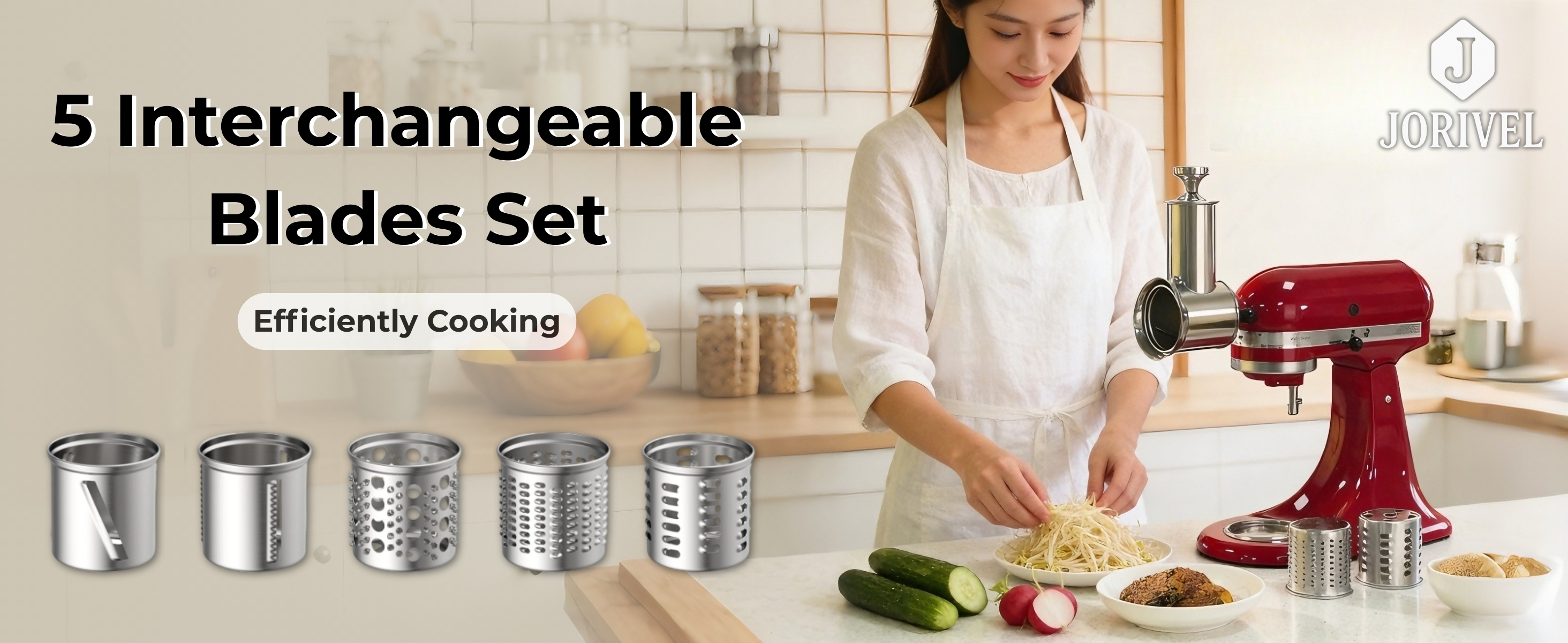 5-in-1 Stainless Steel Slicer Shredder Attachment Compatible with KitchenAid Stand Mixers, Cheese Grater Attachment, Vegetable Shredder, Salad Maker with 5 Cutting Blades, Dishwasher Safe