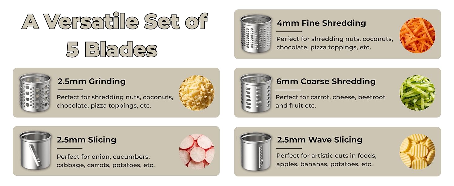 5-in-1 Stainless Steel Slicer Shredder Attachment Compatible with KitchenAid Stand Mixers, Cheese Grater Attachment, Vegetable Shredder, Salad Maker with 5 Cutting Blades, Dishwasher Safe