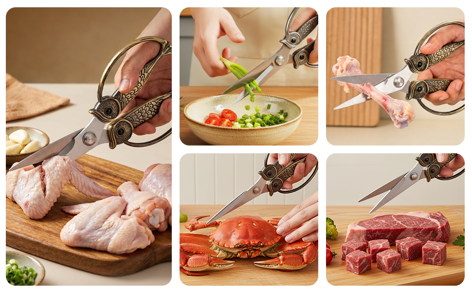 WARMHEART Owl Kitchen Scissors All Purpose, Stainless Steel Heavy Duty Sharp Shears for Meat, Chicken, Fish, Poultry, Herb, Bread (Golden, Medium)
