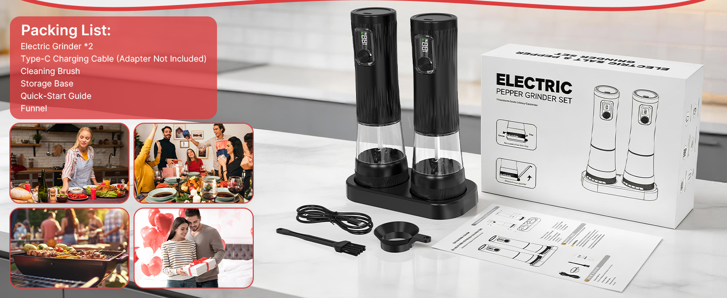 2Packs Electric Salt and Pepper Grinder Set, Rechargeable Automatic Pepper Mill Grinder with Digtal Display and LED Light, Adjustable Coarseness, Large Capacity Kitchen Essentials Gift for Women