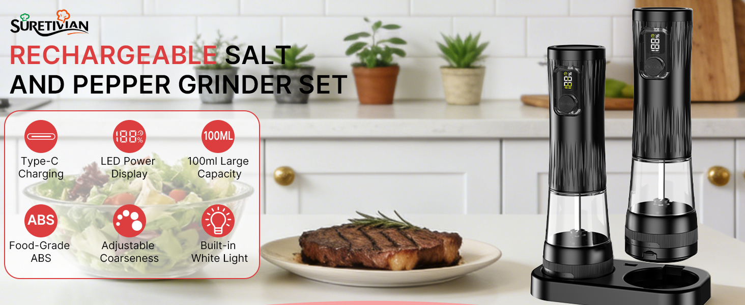 2Packs Electric Salt and Pepper Grinder Set, Rechargeable Automatic Pepper Mill Grinder with Digtal Display and LED Light, Adjustable Coarseness, Large Capacity Kitchen Essentials Gift for Women