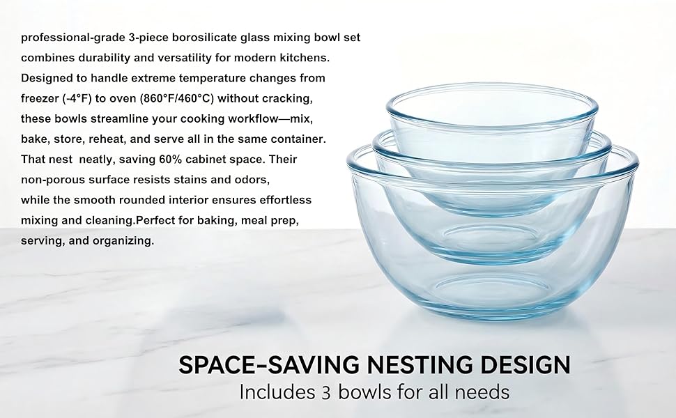 Borosilicate Glass Mixing Bowls, Set of 3 (2.8, 2.2, 1.1QT) - Heavy-Duty, Scratch Resistant & Lead-Free. Oven, Microwave, Dishwasher & Freezer Safe. Ideal for Meal Prep, Baking, Serving.